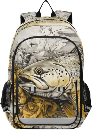 Trout Flower Backpack Travel Laptop Daypack Shoulder Bag Book Bag Daypack with Reflective Strip 12.9 ×17.7 Inches