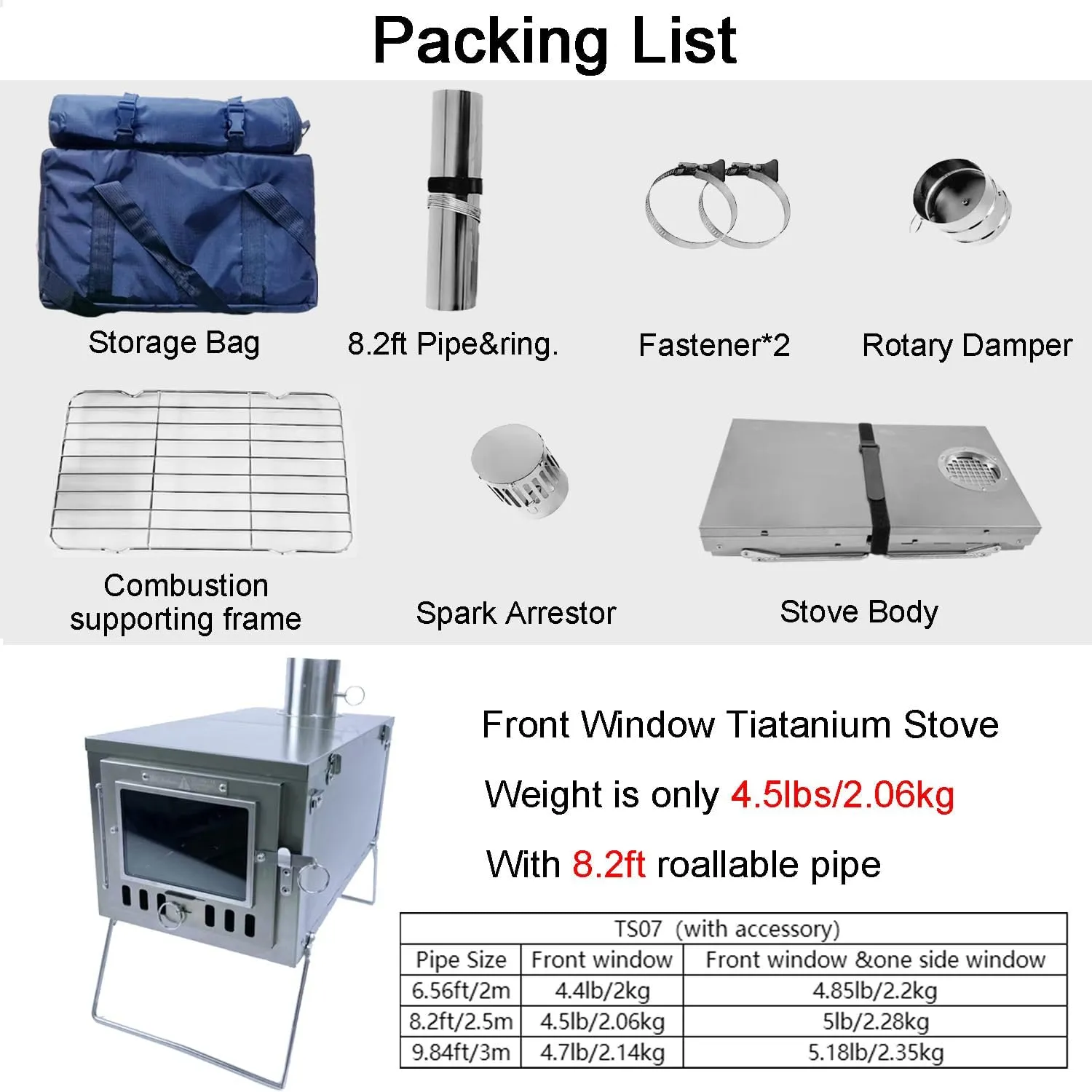 TS07 SECTORWING Titanium Tent Stove, with 8.2ft Titanium Pipe, Wood Burning Stove Backpacking Lightweight Foldable for Outdoor Camping, Hunting, Easy Cooking, Front Window