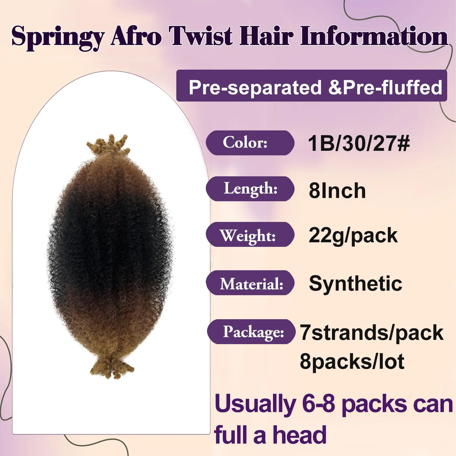 Twisted Up Springy Afro Twist 8 Packs Afro Twist Hair 8 Inch Marley Hair 1B/30/27 Kinky Curly Braiding Hair for Butterfly Locs Ombre Blonde Cuban Twist Hair Synthetic Spring Twist Hair Extensions