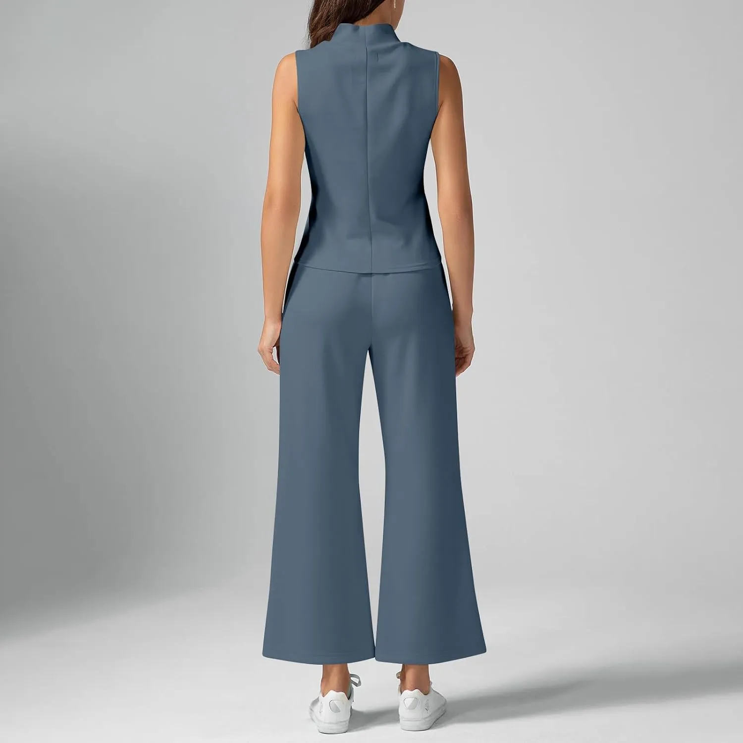 Two Piece Sets For Women Summer Dressy Sleeveless Mock Neck Tops Wide Leg Pants Tracksuit Matching Set Vacation Outfits