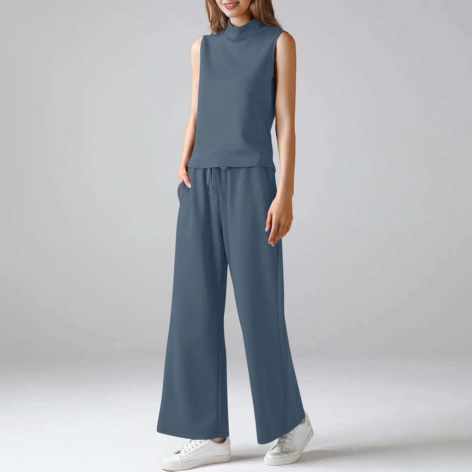 Two Piece Sets For Women Summer Dressy Sleeveless Mock Neck Tops Wide Leg Pants Tracksuit Matching Set Vacation Outfits