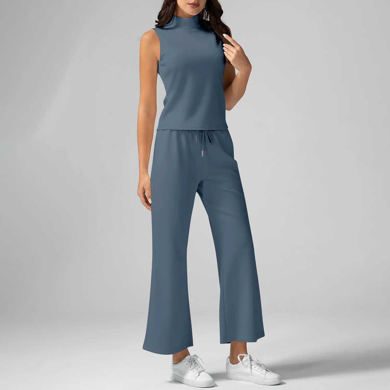 Two Piece Sets For Women Summer Dressy Sleeveless Mock Neck Tops Wide Leg Pants Tracksuit Matching Set Vacation Outfits