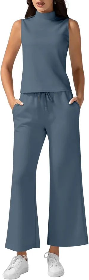 Two Piece Sets For Women Summer Dressy Sleeveless Mock Neck Tops Wide Leg Pants Tracksuit Matching Set Vacation Outfits