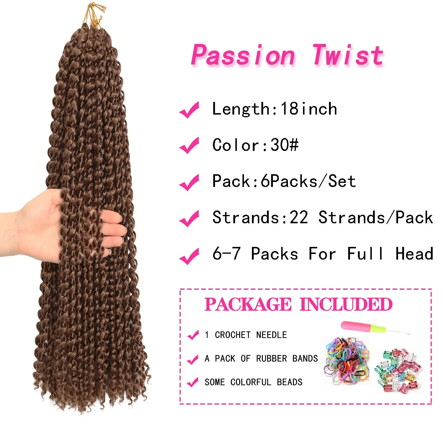 Ubeleco 18 Inch Passion Twist Hair, Water Wave Crochet Hair Darker Brown Passion Twist Crochet Hair for Women 6 Packs Long Bohemian Synthetic Curly Braiding Hair Extensions(6pcs,#30)