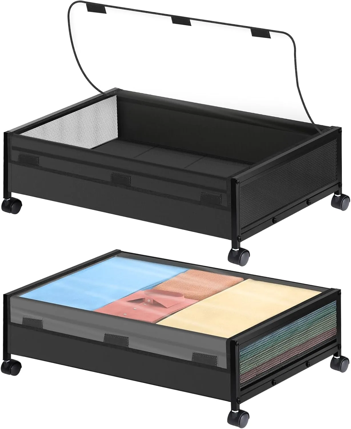 Under Bed Storage with Wheels - 2 Pack Under Bed Storage Containers, Rolling Underbed Organizer Drawer Bins with Visible Lid for Clothes, Shoes, Toys, Books, Blankets (24.4 x 16.5 x 7.3 in)