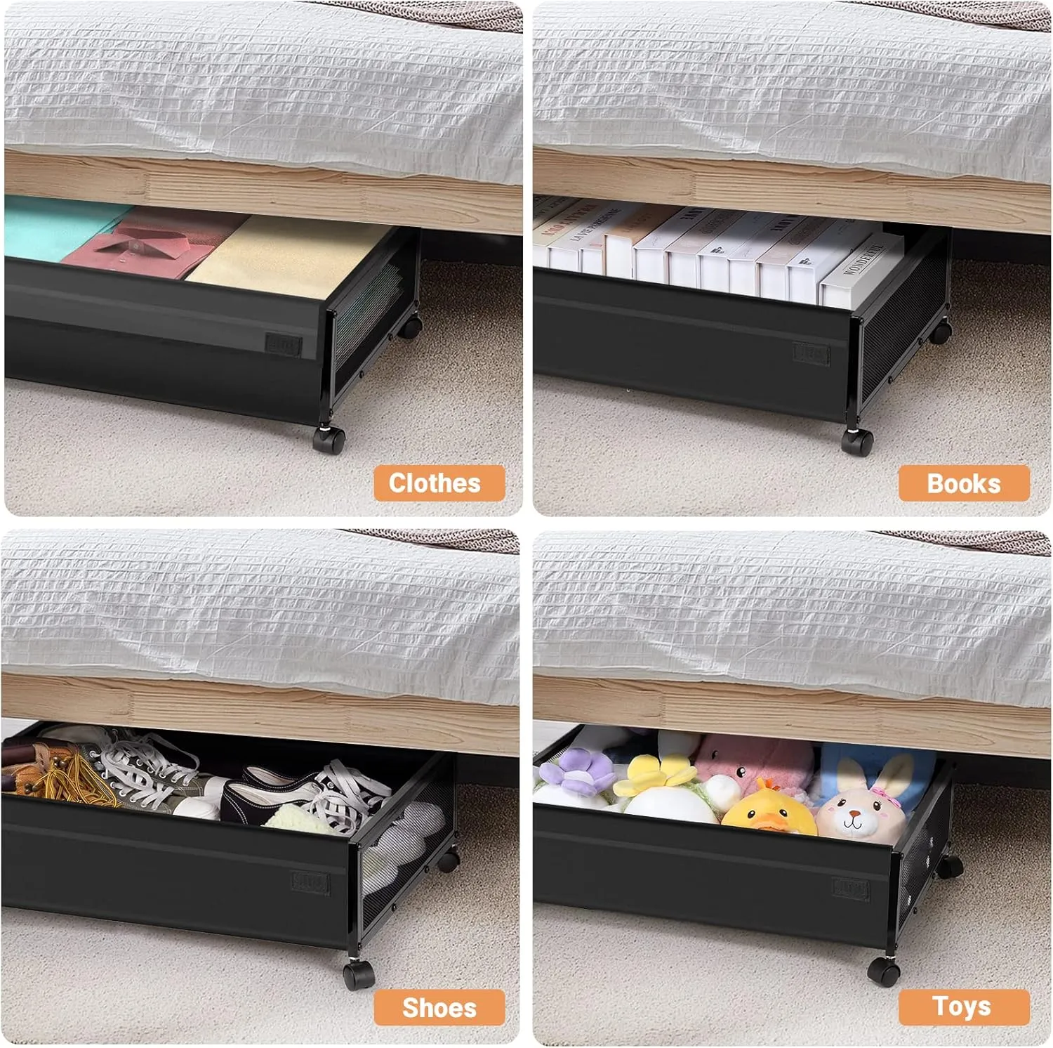 Under Bed Storage with Wheels - 2 Pack Under Bed Storage Containers, Rolling Underbed Organizer Drawer Bins with Visible Lid for Clothes, Shoes, Toys, Books, Blankets (24.4 x 16.5 x 7.3 in)