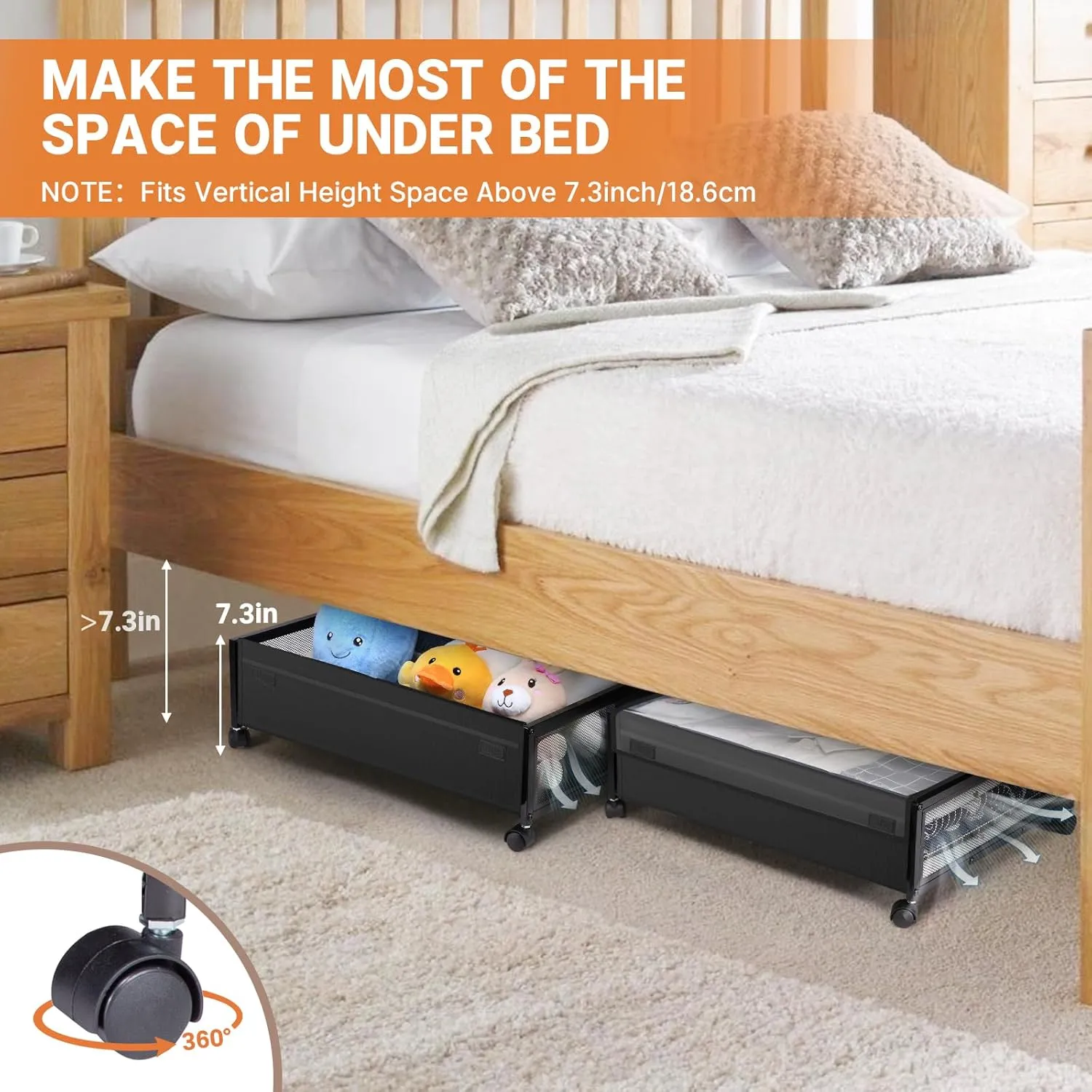 Under Bed Storage with Wheels - 2 Pack Under Bed Storage Containers, Rolling Underbed Organizer Drawer Bins with Visible Lid for Clothes, Shoes, Toys, Books, Blankets (24.4 x 16.5 x 7.3 in)