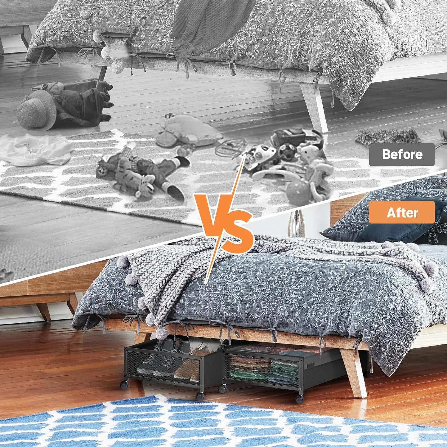 Under Bed Storage with Wheels - 2 Pack Under Bed Storage Containers, Rolling Underbed Organizer Drawer Bins with Visible Lid for Clothes, Shoes, Toys, Books, Blankets (24.4 x 16.5 x 7.3 in)