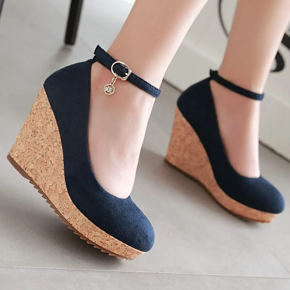 Uniquelly Womens Wedge Mary Janes Thick Platform High Heel Pumps Ankle Strap Round Toe Fashion Shoes