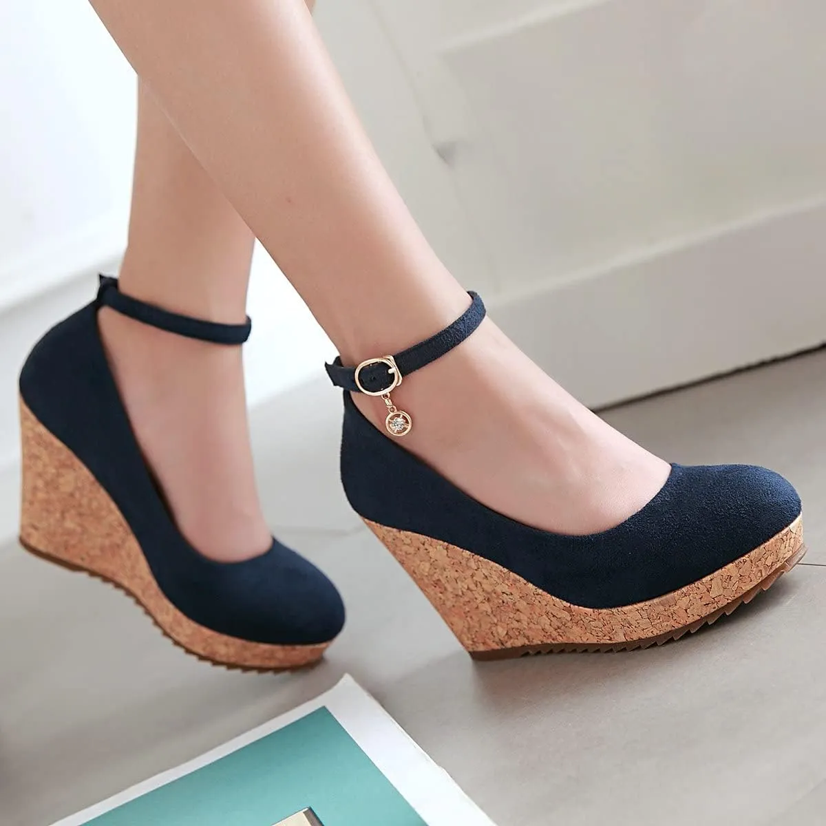 Uniquelly Womens Wedge Mary Janes Thick Platform High Heel Pumps Ankle Strap Round Toe Fashion Shoes