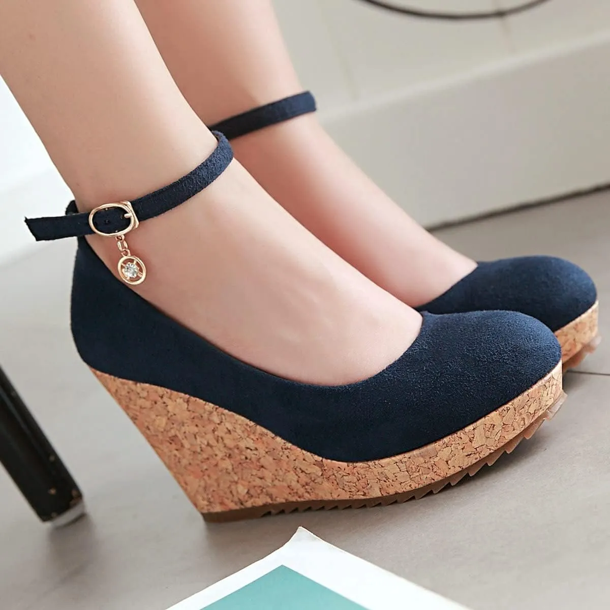 Uniquelly Womens Wedge Mary Janes Thick Platform High Heel Pumps Ankle Strap Round Toe Fashion Shoes