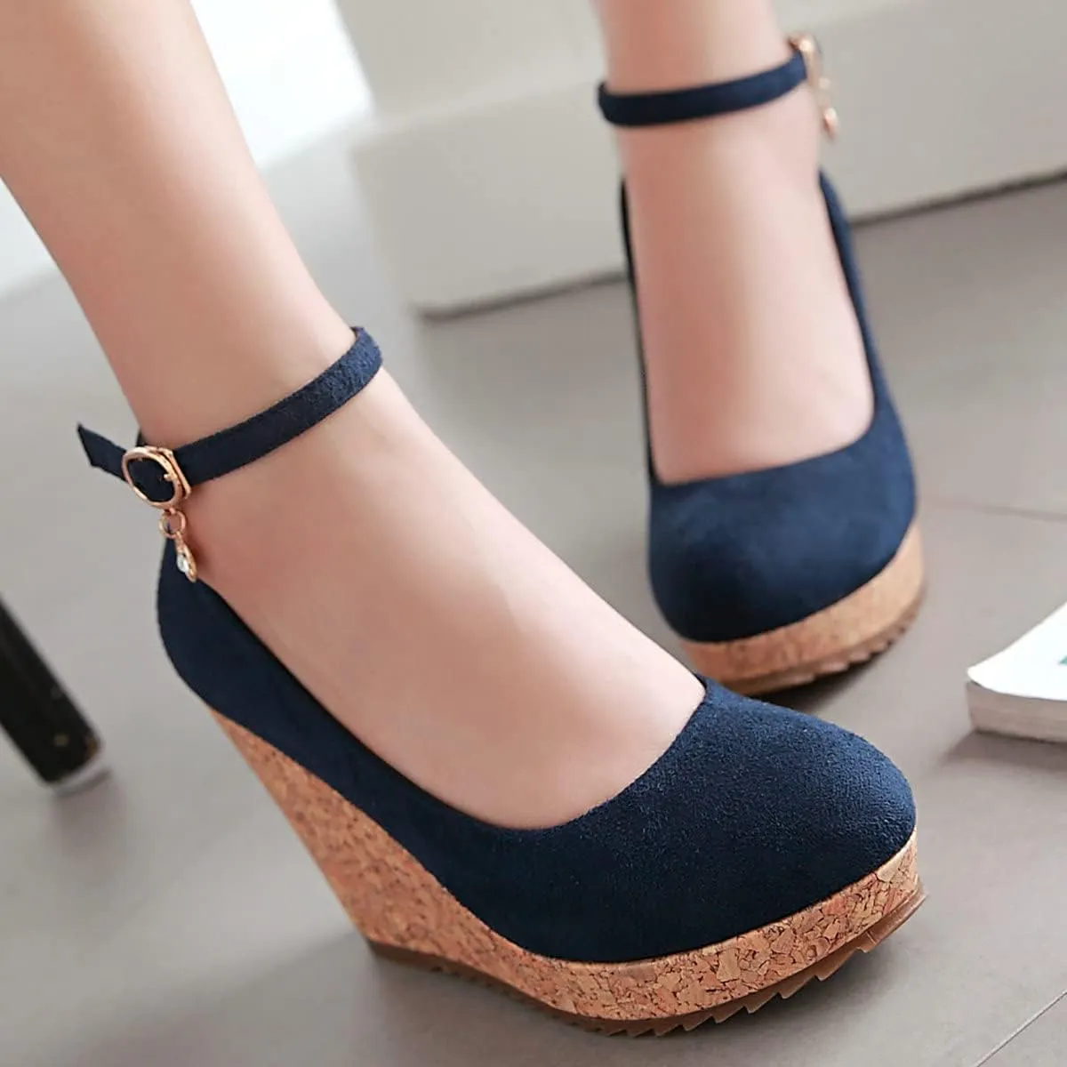 Uniquelly Womens Wedge Mary Janes Thick Platform High Heel Pumps Ankle Strap Round Toe Fashion Shoes