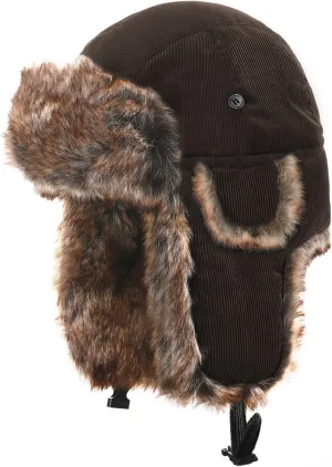 Unisex Corduroy Winter Hat Faux Fur Aviator Trapper Hat Warm Earflap Cap