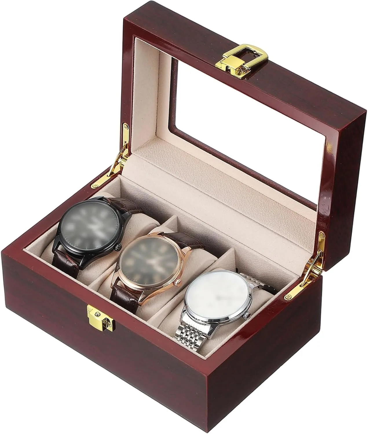 uxcell 3 Slot Watch Storage Box, Watch Box for Men with Glass Cover, Wooden Watch Box with Removable Watch Pillow, Red