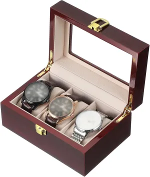 uxcell 3 Slot Watch Storage Box, Watch Box for Men with Glass Cover, Wooden Watch Box with Removable Watch Pillow, Red