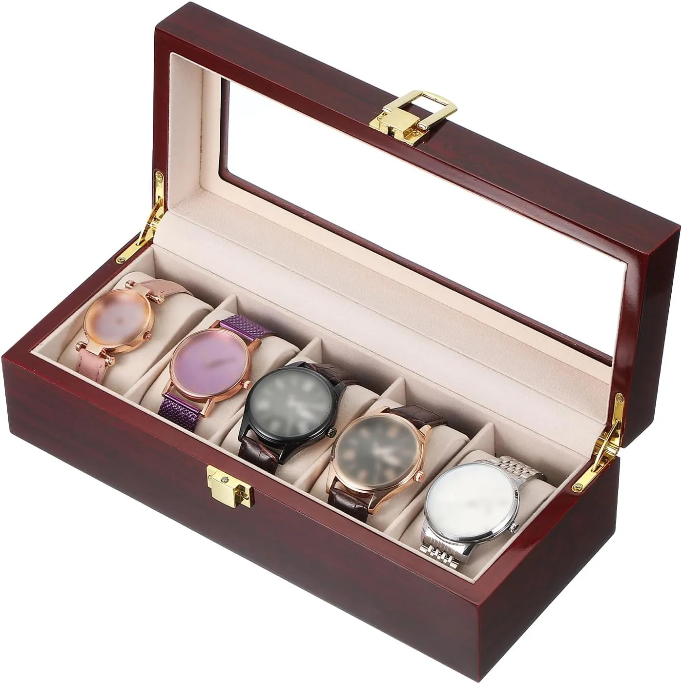 uxcell 5 Slot Watch Storage Box, Watch Box for Men with Glass Cover, Wooden Watch Box with Removable Watch Pillow, Red