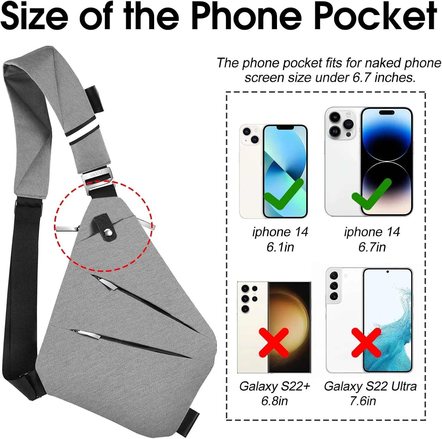 VADOO Anti-theft Crossbody Bags for Women, Shoulder Sling Bag for Men Lightweight Chest Bag for Travel Sport