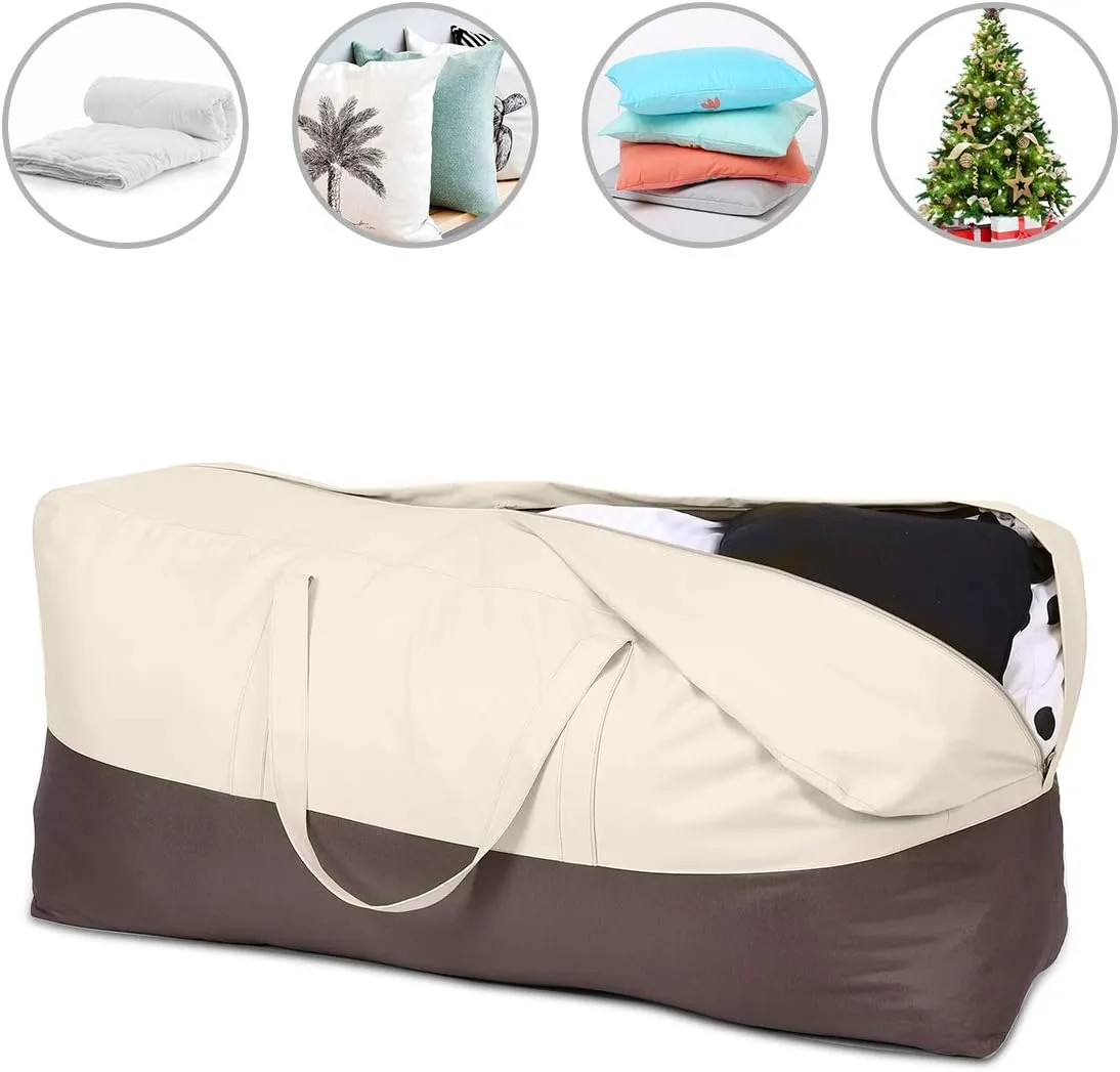 Vailge Patio Cushion/Cover Storage Bag Waterproof Outdoor Patio Furniture Seat Rectanglar Cushions Storage Bag , Zippered Protective Patio Cover Carrying Bag with Handles - Oversized,Beige & Brown