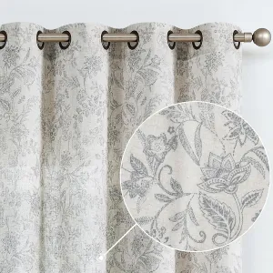 Vangao Grey Floral Linen Blend Curtains for Bedroom 84 Inch Length Farmhouse Curtains for Living Room Vintage Print Light Filtering Window Drapes Grommet Top 2 Panels