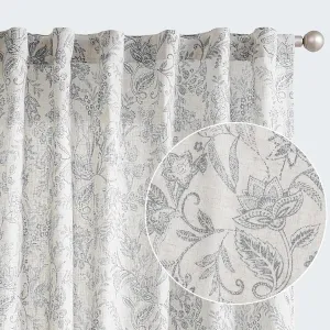 Vangao Grey Floral Linen Blend Curtains for Living Room 84 Inches Long Farmhouse Curtains for Bedroom Vintage Print on Beige Light Filtering Window Drapes Back Tab Rod Pocket 2 Panels