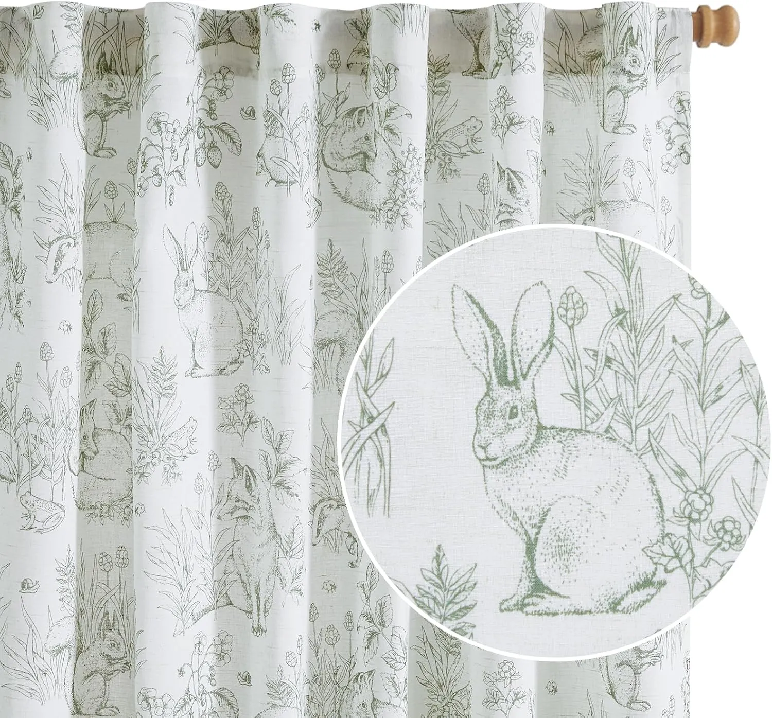 Vangao Sage Green Nursery Curtains for Kid's Room Linen Blend Curtains 84 Inch Long Farmhouse Drapes with Bunny Woodland Wildlife Print Light Filtering French Country Forest Design 2 Panels