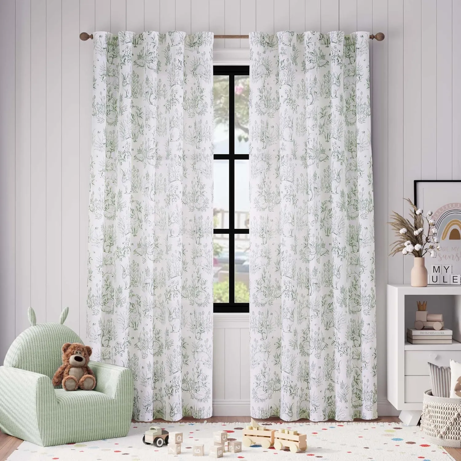 Vangao Sage Green Nursery Curtains for Kid's Room Linen Blend Curtains 84 Inch Long Farmhouse Drapes with Bunny Woodland Wildlife Print Light Filtering French Country Forest Design 2 Panels