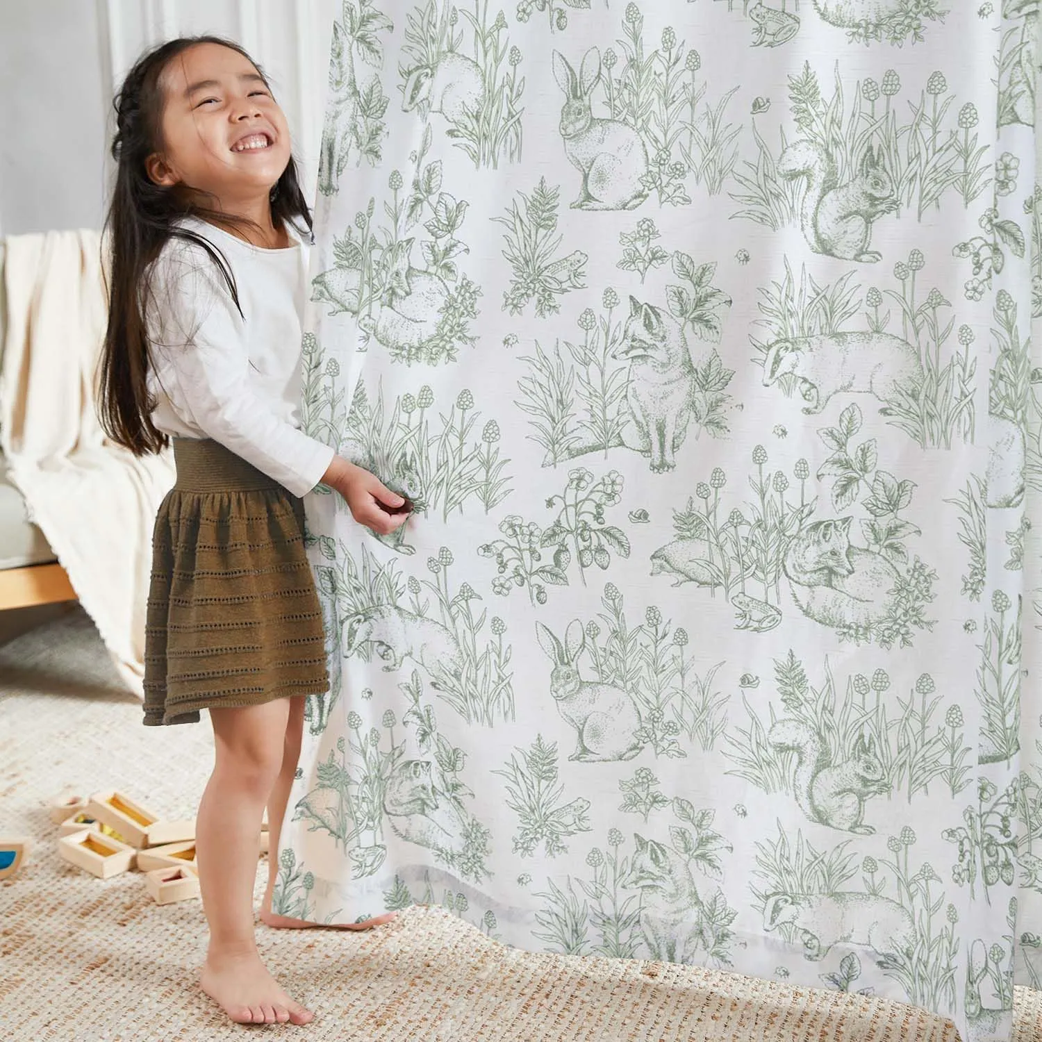 Vangao Sage Green Nursery Curtains for Kid's Room Linen Blend Curtains 84 Inch Long Farmhouse Drapes with Bunny Woodland Wildlife Print Light Filtering French Country Forest Design 2 Panels