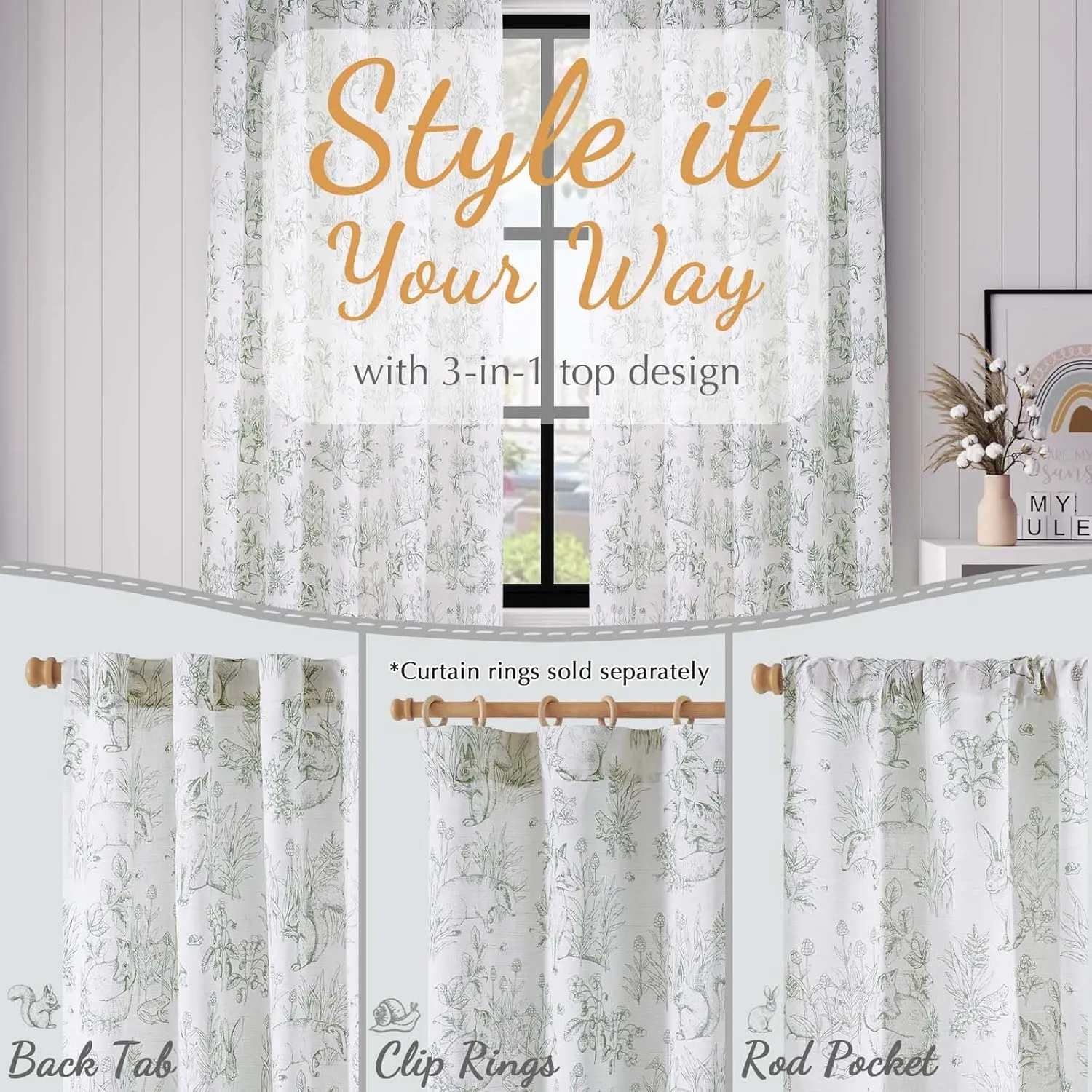 Vangao Sage Green Nursery Curtains for Kid's Room Linen Blend Curtains 84 Inch Long Farmhouse Drapes with Bunny Woodland Wildlife Print Light Filtering French Country Forest Design 2 Panels
