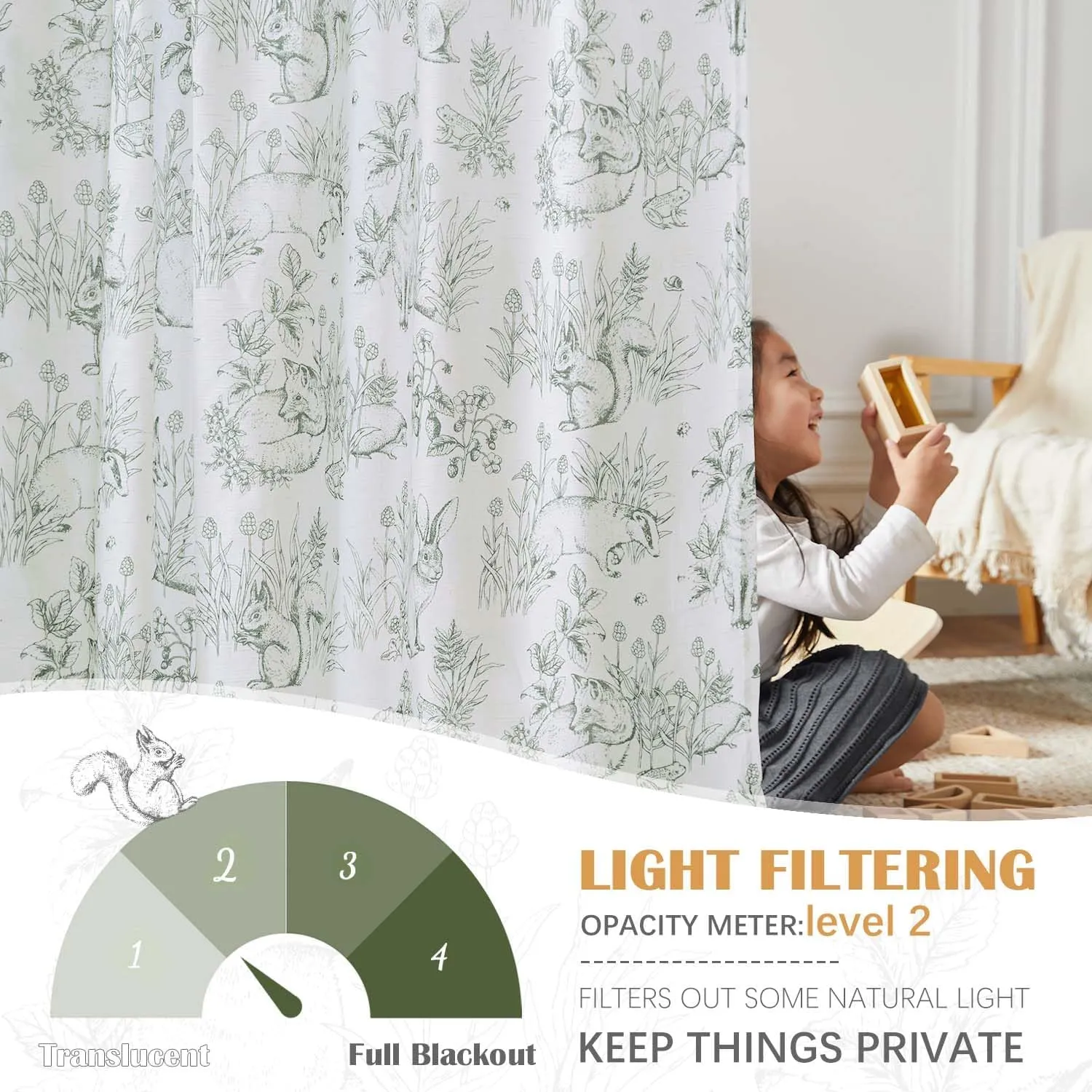 Vangao Sage Green Nursery Curtains for Kid's Room Linen Blend Curtains 84 Inch Long Farmhouse Drapes with Bunny Woodland Wildlife Print Light Filtering French Country Forest Design 2 Panels