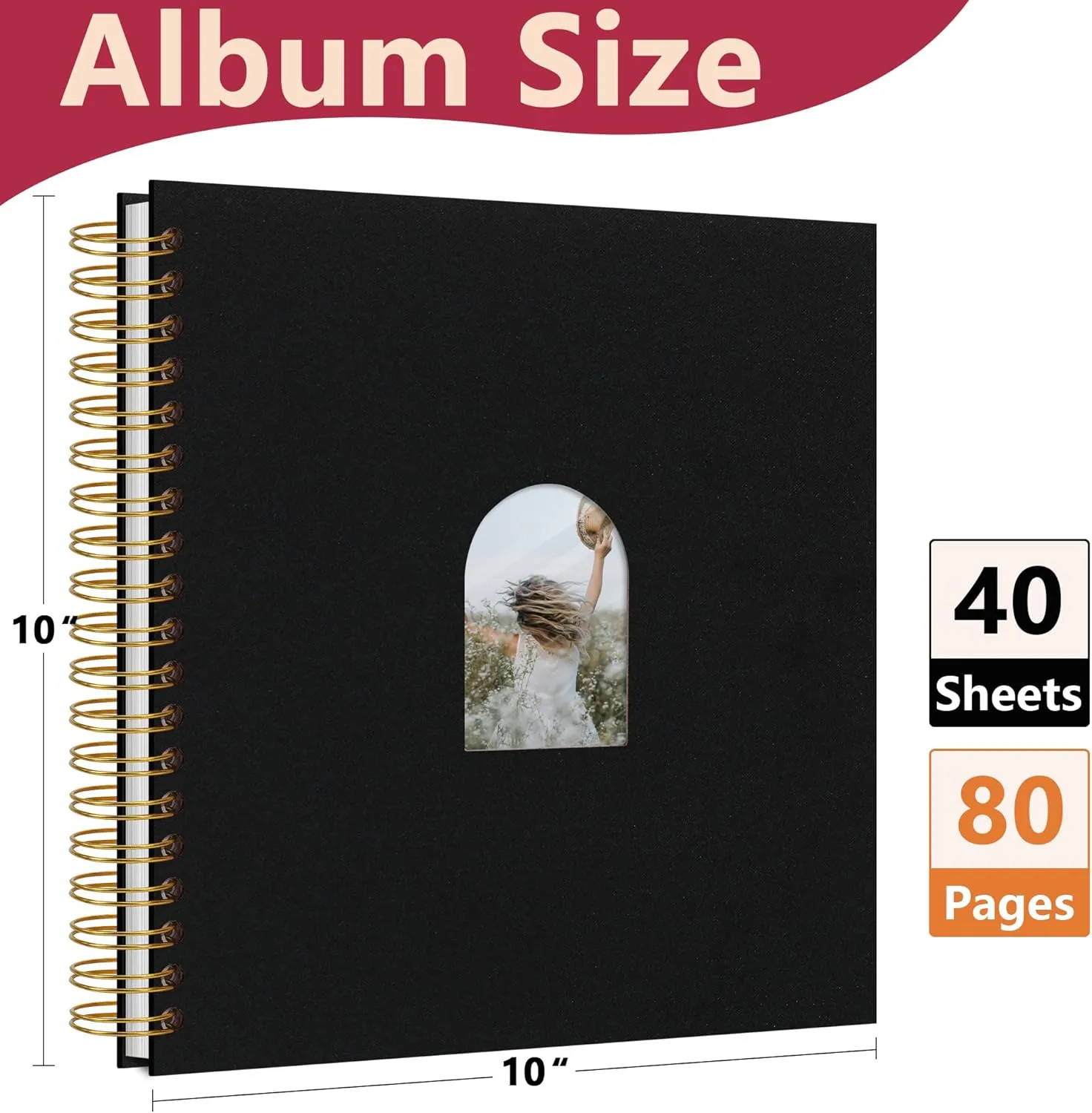 Vienrose 10X10 Inch DIY Scrapbook Album Linen Arch Window Photo Album 80 Blank Pages Scrap Book Photo Albums for Wedding Baby Shower, Black