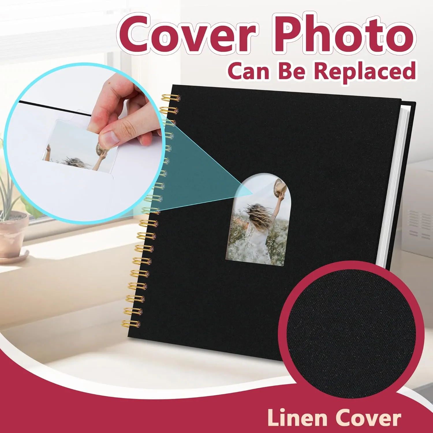 Vienrose 10X10 Inch DIY Scrapbook Album Linen Arch Window Photo Album 80 Blank Pages Scrap Book Photo Albums for Wedding Baby Shower, Black