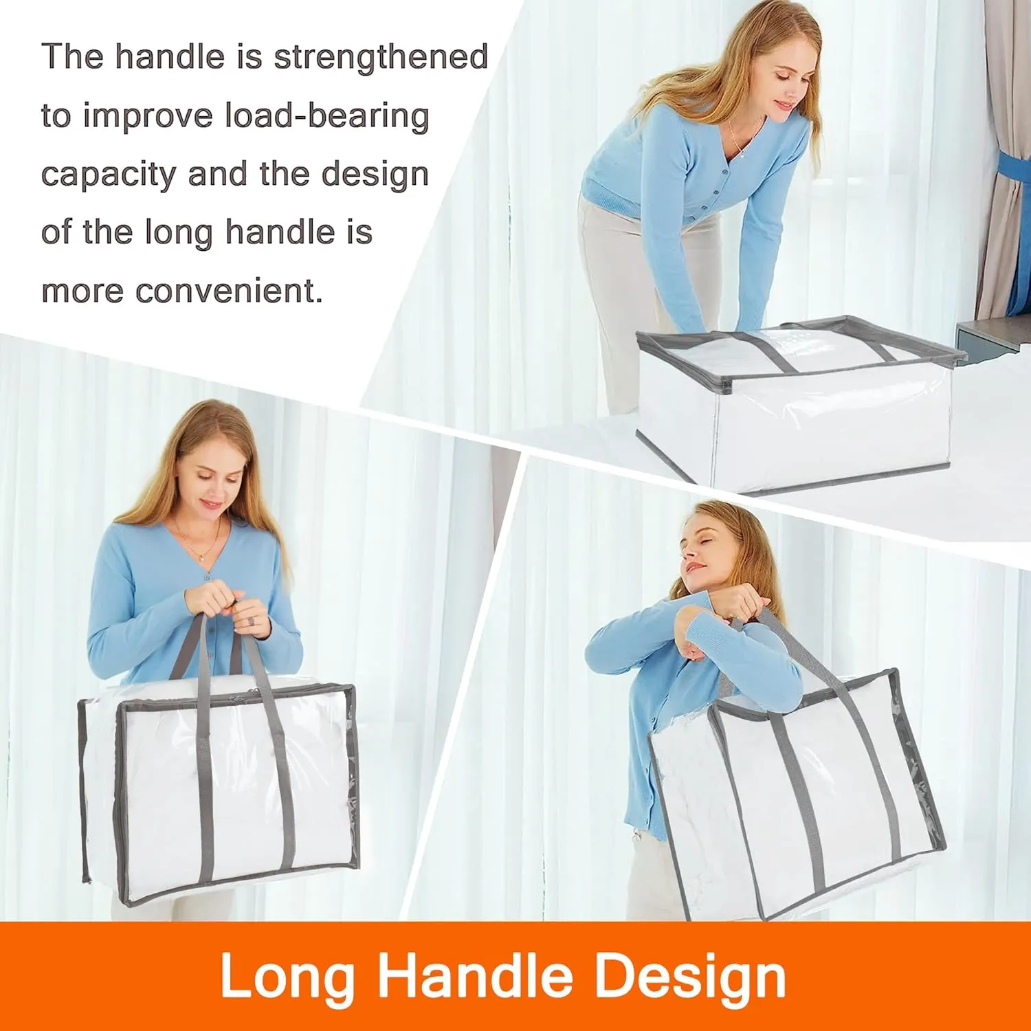 Vieshful 3 Pack Clear Clothes Storage Bag, 40L Zippered Closet Organizer, Plastic Storage Containers Moving bags for Comforter, Blanket, Bedding, Duvet, Toys (Grey)