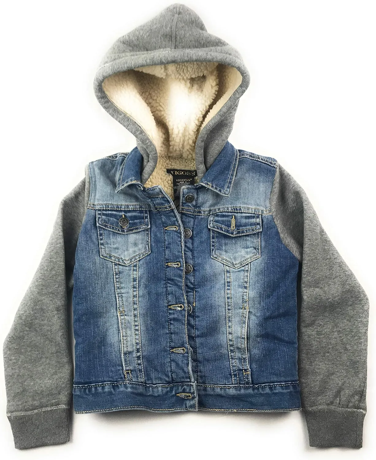 VIGOSS Jeans Girls Hooded Button Down Denim Jacket (Grey/Denim, 7)