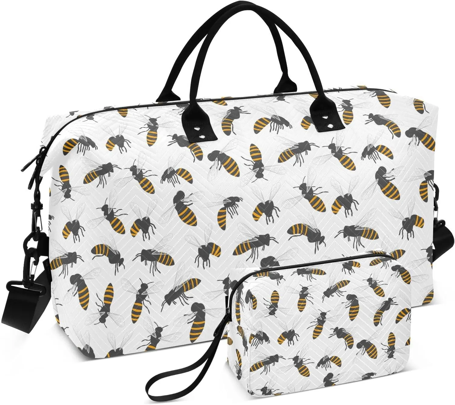 VIGTRO Travel Duffel Bag Weekender Overnight Bag with Toiletry Bag Bee Cartoon White Background Printed, Carry On Luggage Bag for Hospital Gym Travel Business, 2 Pcs Set