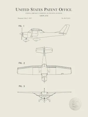 Vintage Aircraft Decor | Replica of 1957 Cessna 150 Airplane Patent | Available Both as Prints or Framed | Aviation Wall Art | Linen Background (11x14" - Print Only)