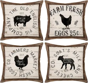 Vintage Animal Pillow Covers Rustic Wood Background Farmer's Market Fresh Rooster Pig Goat Cotton Linen Throw Pillow Case Cushion Cover 18" X 18" Set of 4 Farmhouse Decor Pillowslip (Farm-2)
