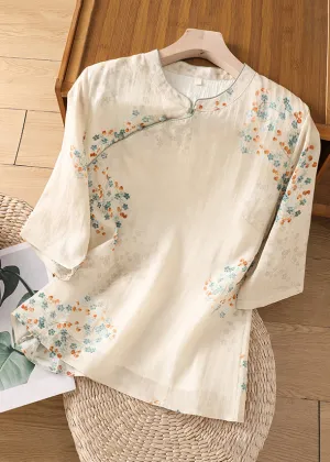 Vintage Apricot Stand Collar Print Cotton Shirt Half Sleeve JH046