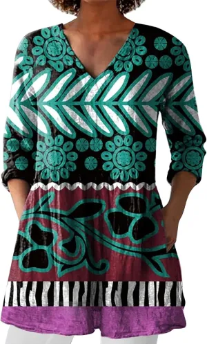 Vintage Boho Tops for Women Summer Casual Linen Oversized Long Sleeve Shirt Floral Graphic V Neck Blouses Vacation