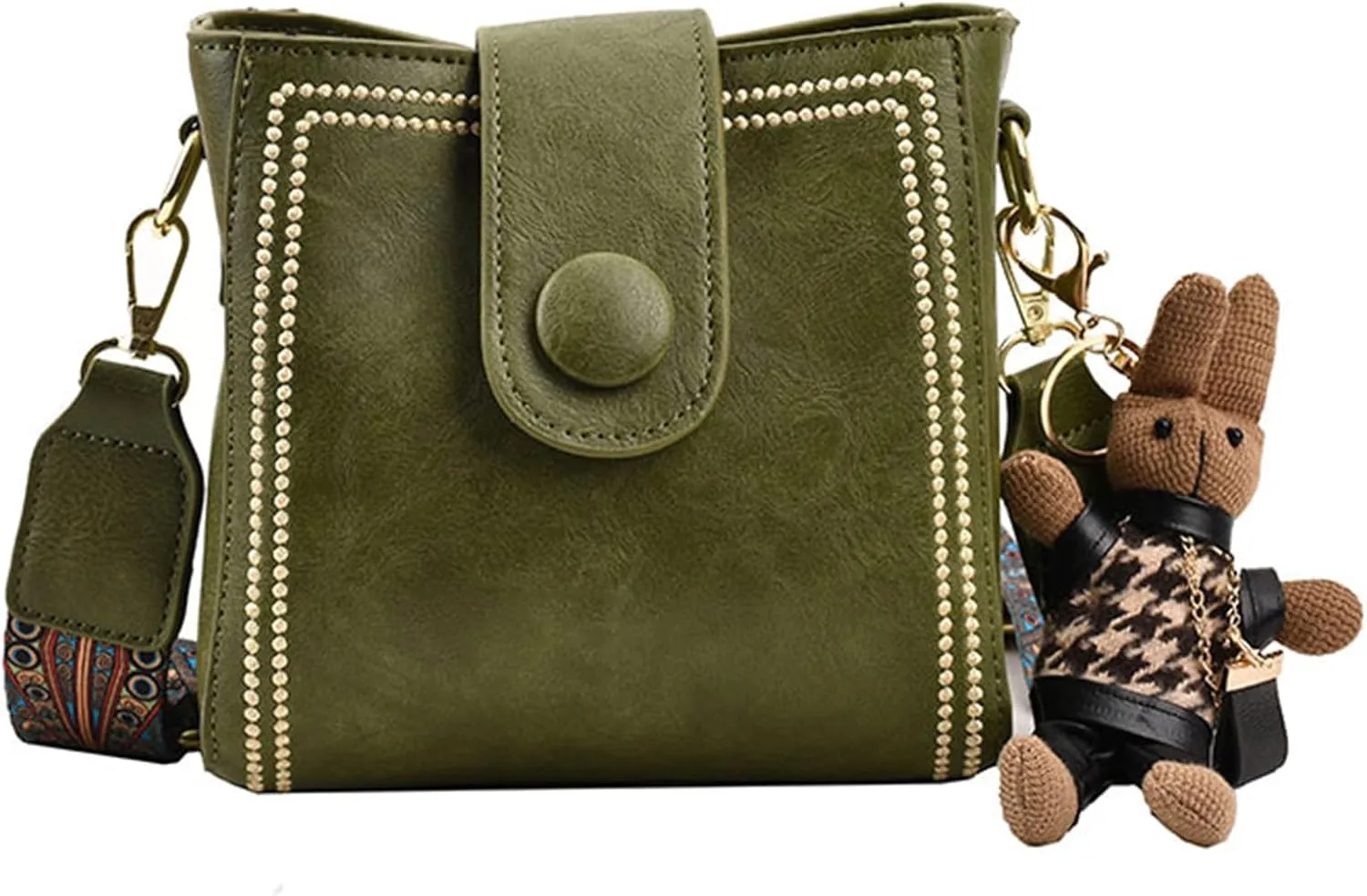 Vintage Fashion Bag with Adjustable Wider Shoulder Strap, Women's Retro Fashion Bucket Bag with Cute Rabbit Pendant