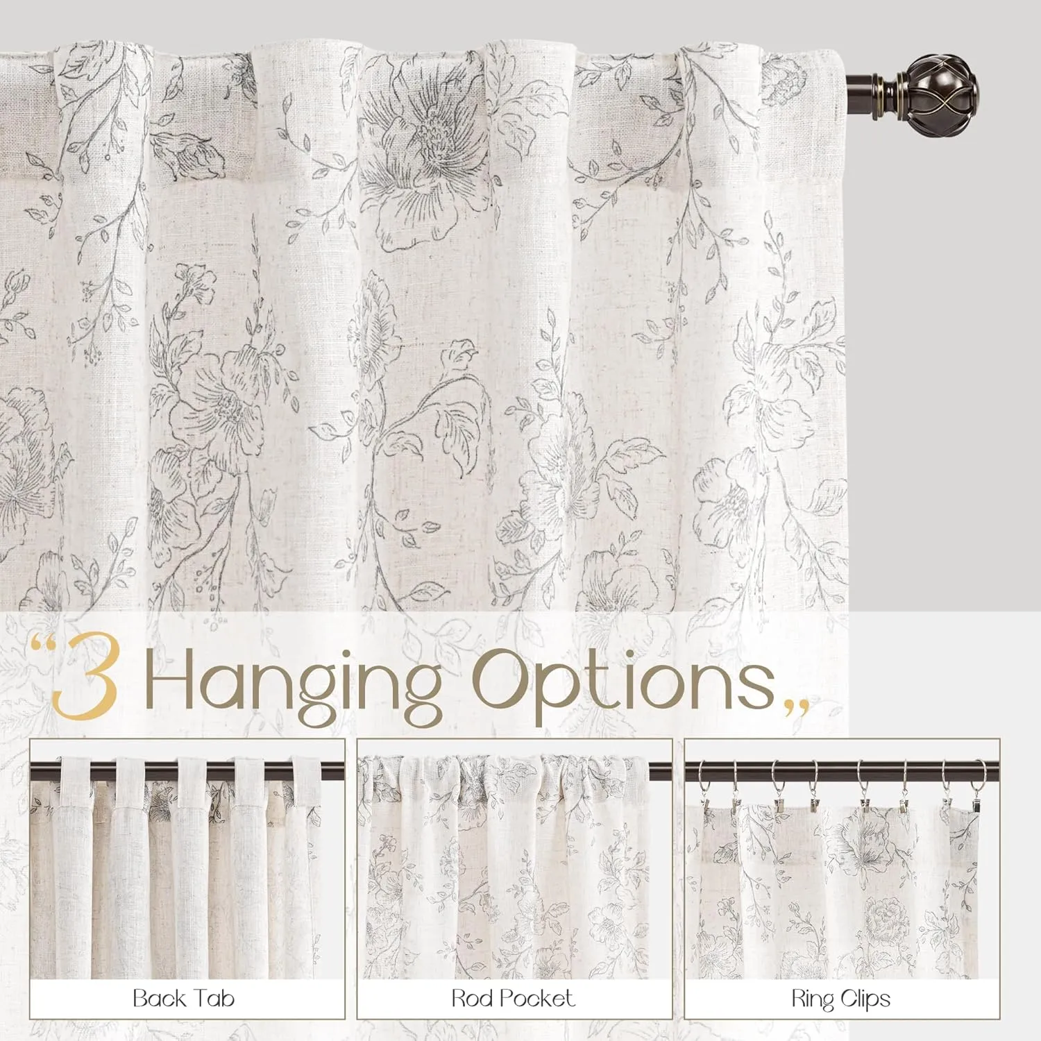 Vintage Floral Curtains 84 inch Length 2 Panels Set for Living Room Grey and Cream Printed Curtains Back Tab Neutral Farmhouse Bedroom Curtains Cottage Style Pretty Flower Patterned Linen Drapes