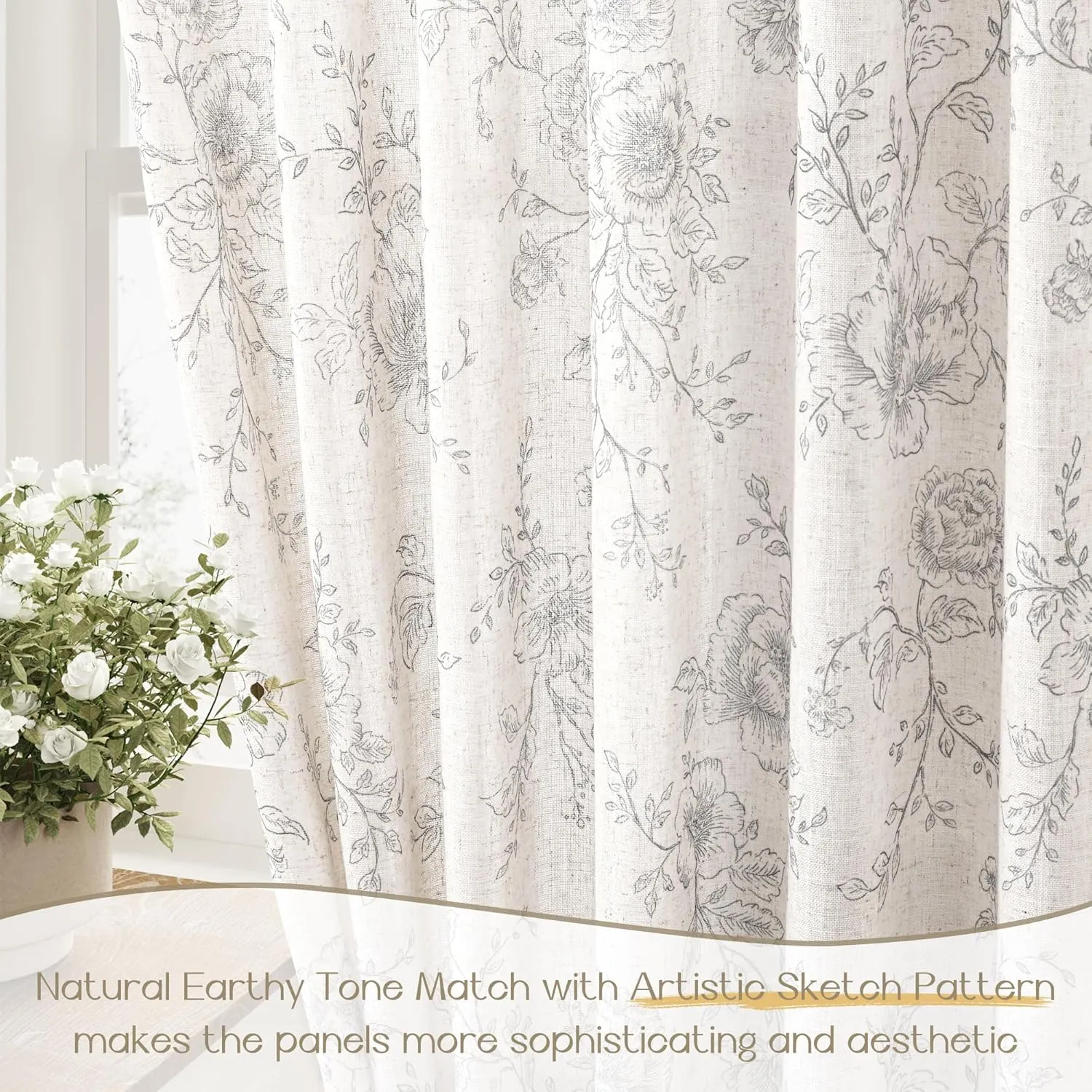 Vintage Floral Curtains 84 inch Length 2 Panels Set for Living Room Grey and Cream Printed Curtains Back Tab Neutral Farmhouse Bedroom Curtains Cottage Style Pretty Flower Patterned Linen Drapes