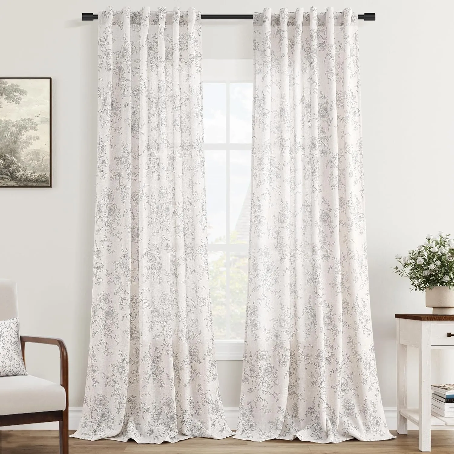 Vintage Floral Curtains 84 inch Length 2 Panels Set for Living Room Grey and Cream Printed Curtains Back Tab Neutral Farmhouse Bedroom Curtains Cottage Style Pretty Flower Patterned Linen Drapes