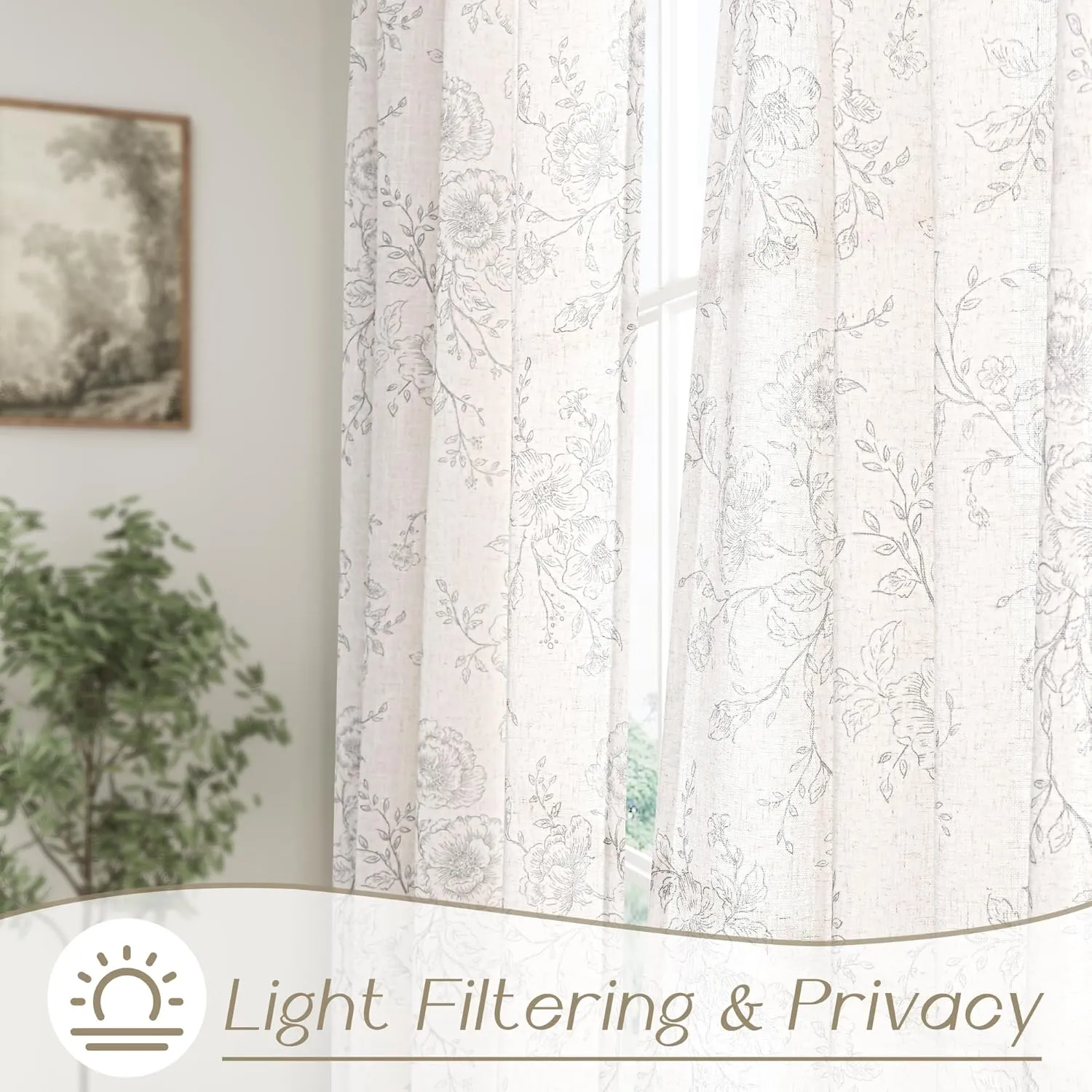 Vintage Floral Curtains 84 inch Length 2 Panels Set for Living Room Grey and Cream Printed Curtains Back Tab Neutral Farmhouse Bedroom Curtains Cottage Style Pretty Flower Patterned Linen Drapes
