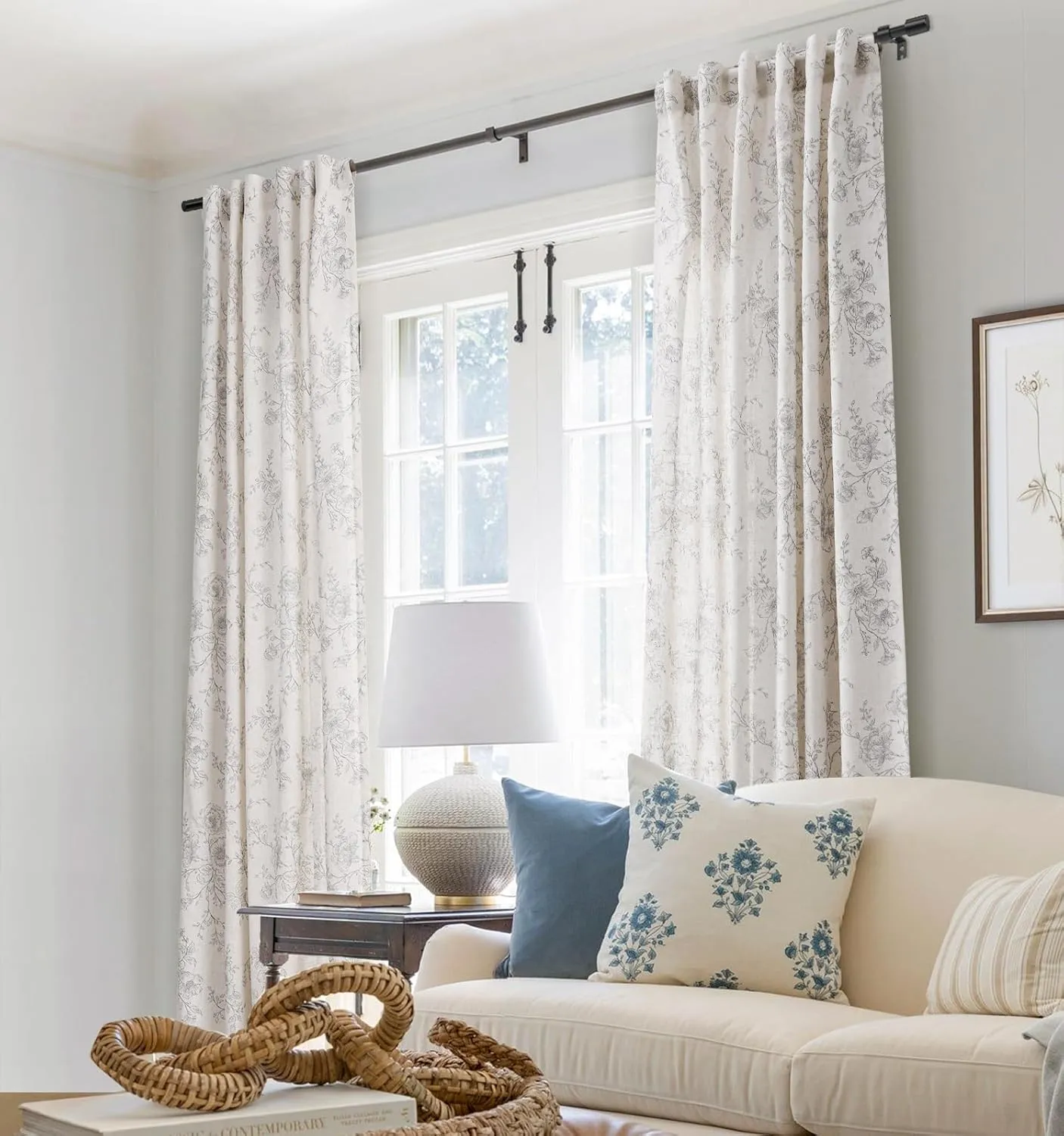 Vintage Floral Curtains 84 inch Length 2 Panels Set for Living Room Grey and Cream Printed Curtains Back Tab Neutral Farmhouse Bedroom Curtains Cottage Style Pretty Flower Patterned Linen Drapes