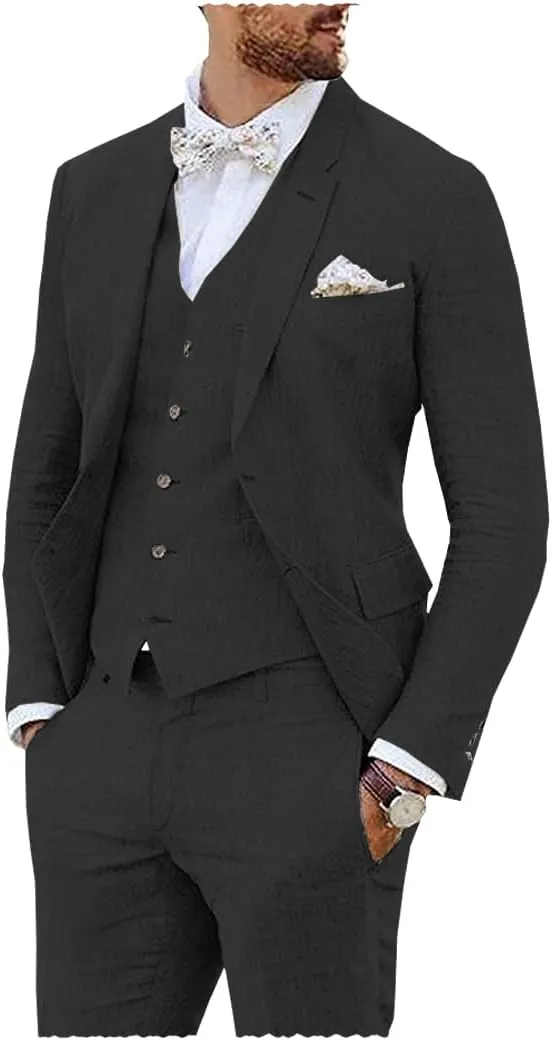 Vintage Linen Suit for Men's 3 Piece Formal Wedding Suit Groomsmen Wear
