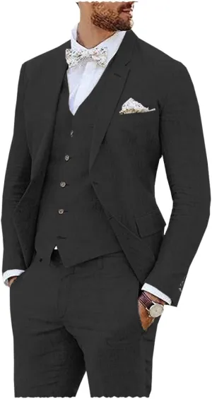 Vintage Linen Suit for Men's 3 Piece Formal Wedding Suit Groomsmen Wear