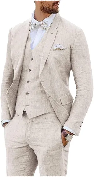 Vintage Linen Suit for Men's 3 Piece Formal Wedding Suit Groomsmen Wear