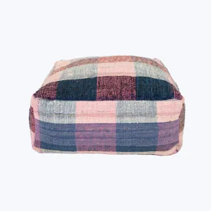 Vintage Plaid Grain Sack Square Pouf, Pink   Blue