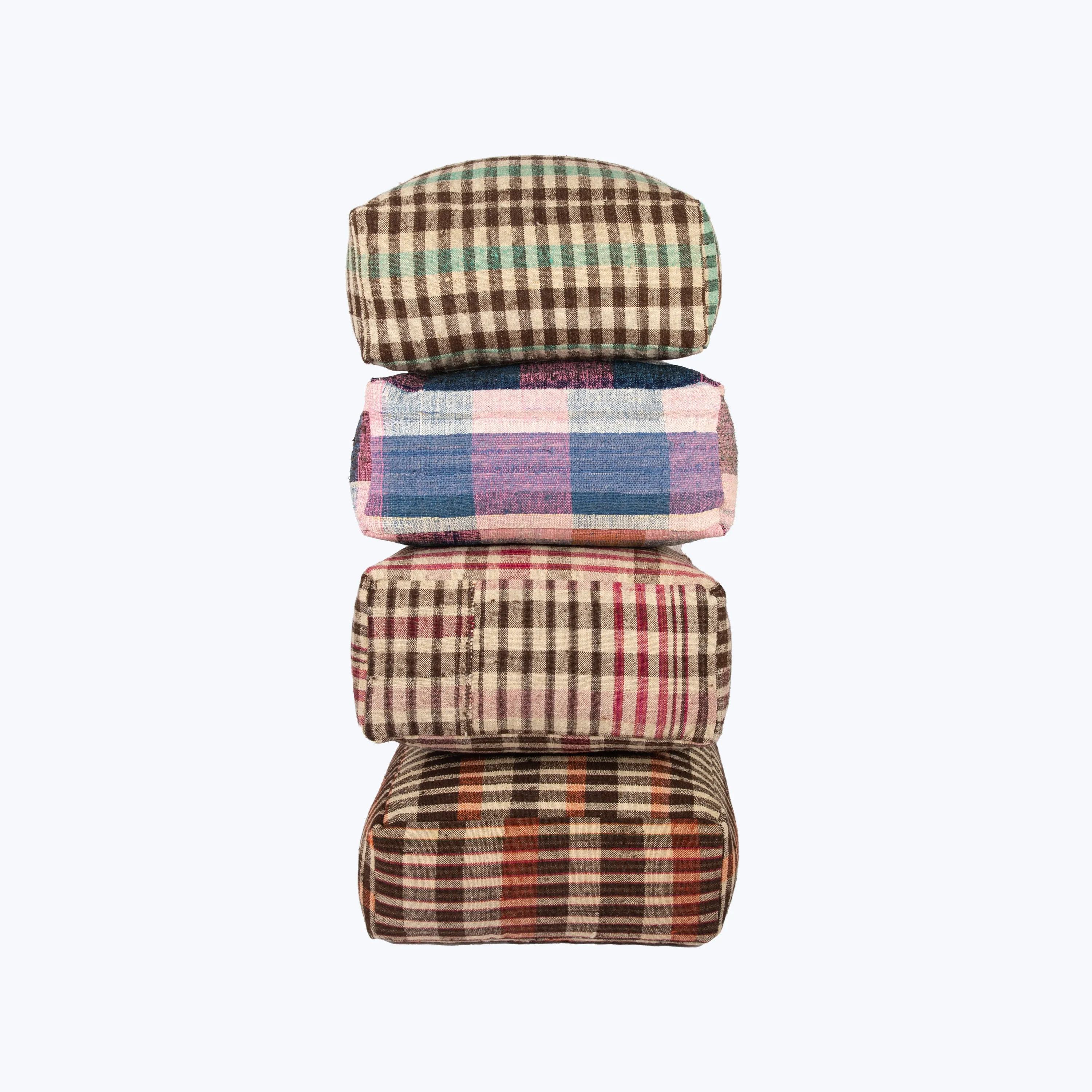 Vintage Plaid Grain Sack Square Pouf, Pink   Blue