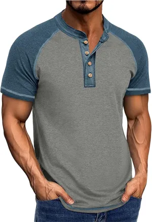 Vintage Shirts for Men Collarless Regular Fit Casual Short Sleeve Henley Tshirt Lightweight Summer Hiking Undershirt
